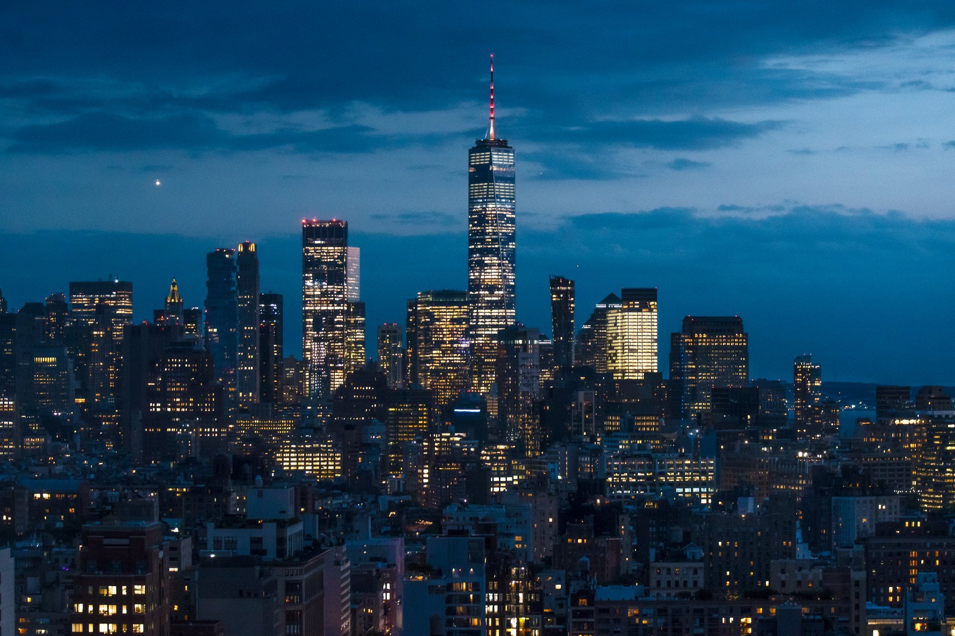 Downtown Manhattan Skyline View at Blue Hour