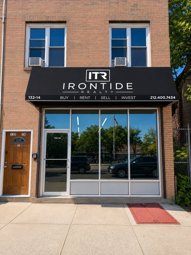 Storefront of Ironside Realty office in a brick building with blue windows, black awning, and glass entrance door